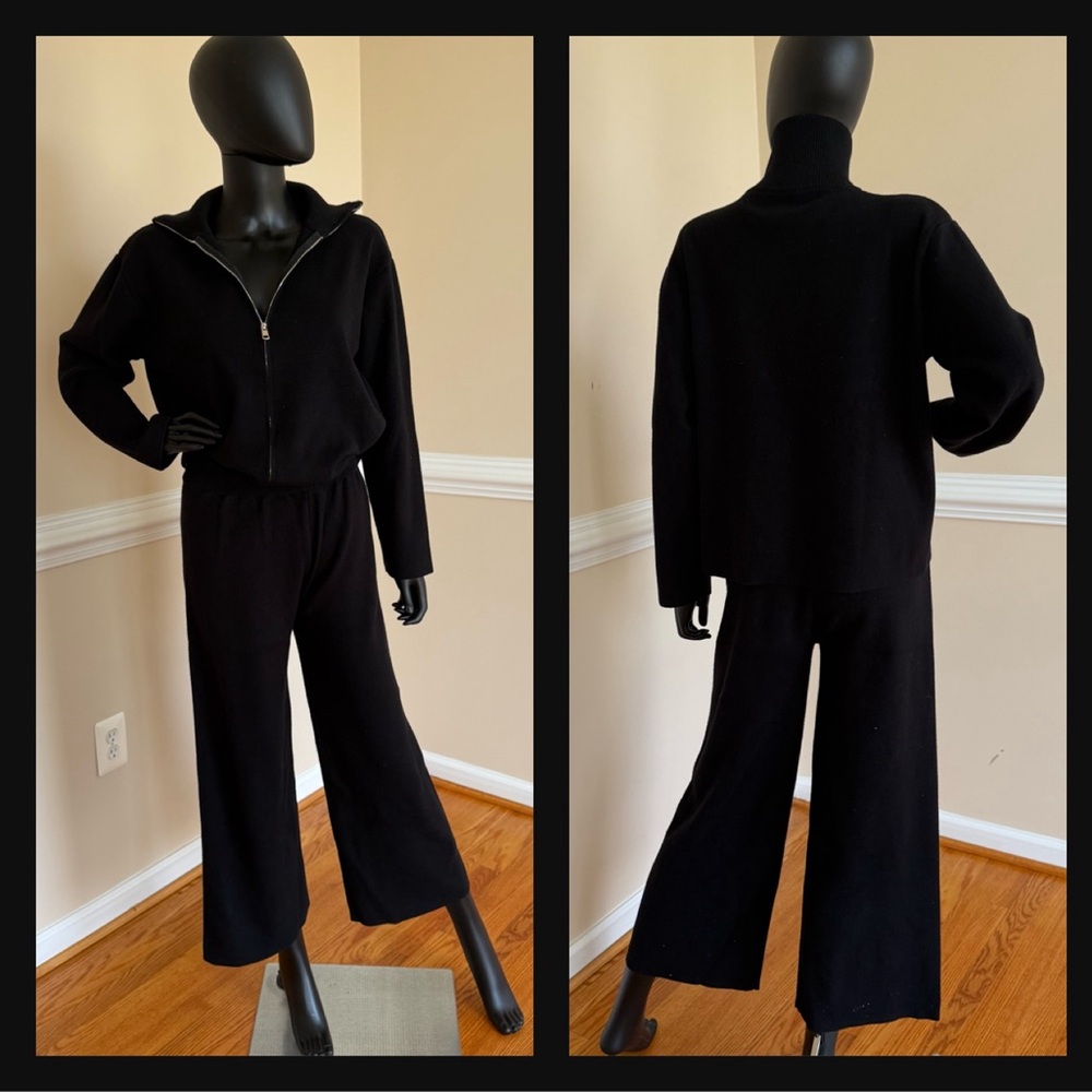 Knit Loose Set Mock Neck Blouse High Waist Flare High Rise Pants Cardigan Winter